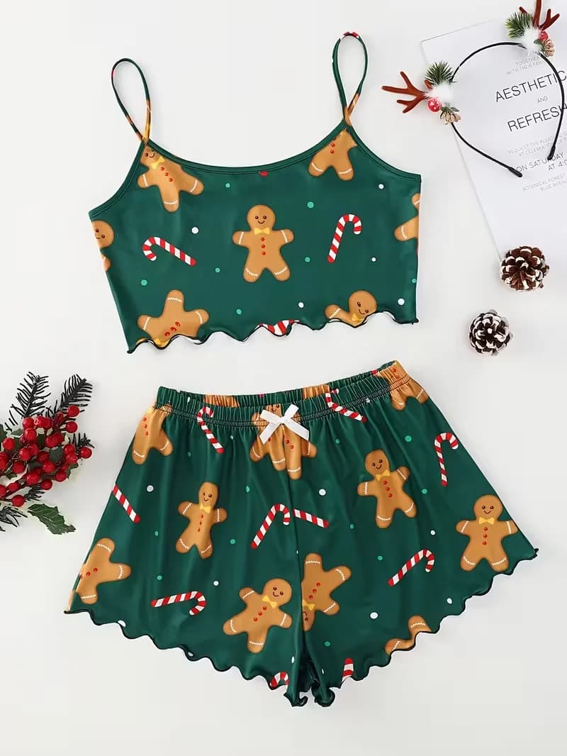 Pigiama da donna morbido festival di Natale carino stampa di pan di zenzero 2 pezzi pigiama top corto e pantaloncini loungewear
