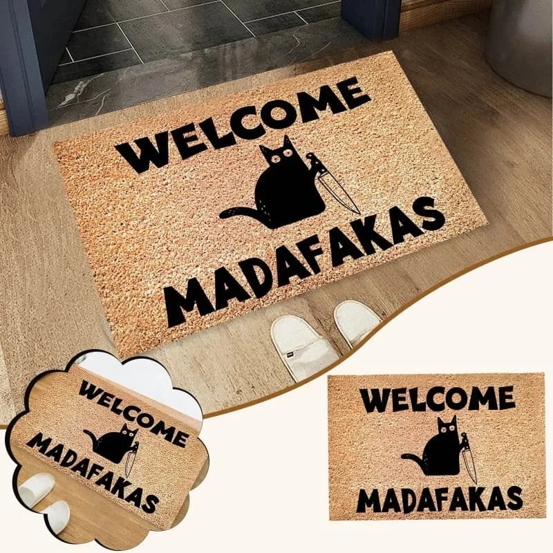 Tappetino d'ingresso con stampa completa Dark Cat Welcome Madafakas, tappetino divertente, decorazione per la casa, decorazione per cucina e bagno, regali divertenti per le persone, spedizione veloce