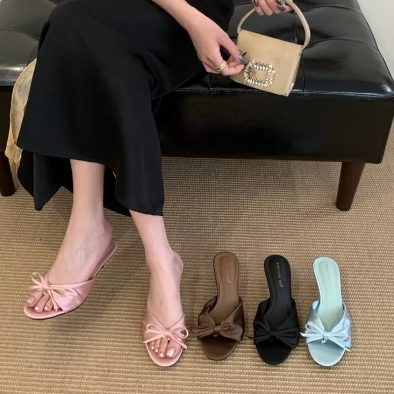 Women High Heeled Sandals Sweet Temperament Bow One Word Cool Slippers Luxury Satin Stiletto Sandals Summer Open-toed High Heels