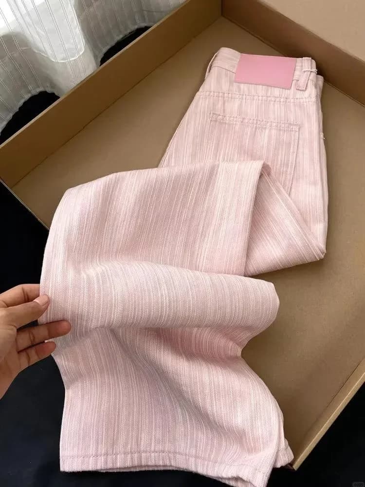 Jeans a gamba larga con design a righe rosa estivo Pantaloni dritti larghi a vita alta allentati casual da donna Pantaloni jeans drappeggiati da pavimento Chic Nuovo