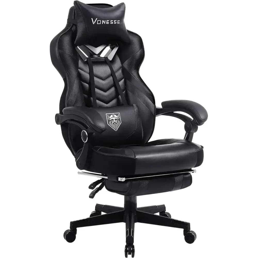 Sedia da Gaming Ergonomica con Schienale Alto, Supporto Lombare, Poggiapiedi e Massaggio per Adulti di Grande Statura (Nera)