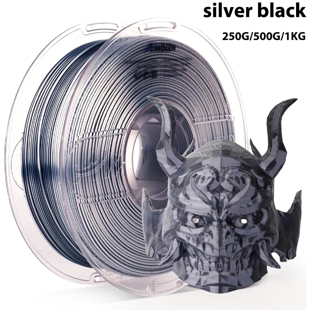 Filamento per Stampante 3D PLA Bicolore Effetto Seta Argento e Nero, 250g 500g 1Kg, 1.75mm per Materiali di Stampa 3D