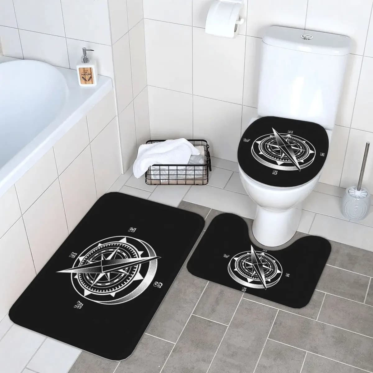 Bussola nautica Capitano Anchor Boat Tappetino da bagno 3 pezzi Set da bagno Copriwater Decorazioni per la casa Tappeto antiscivolo Tappeto da pavimento