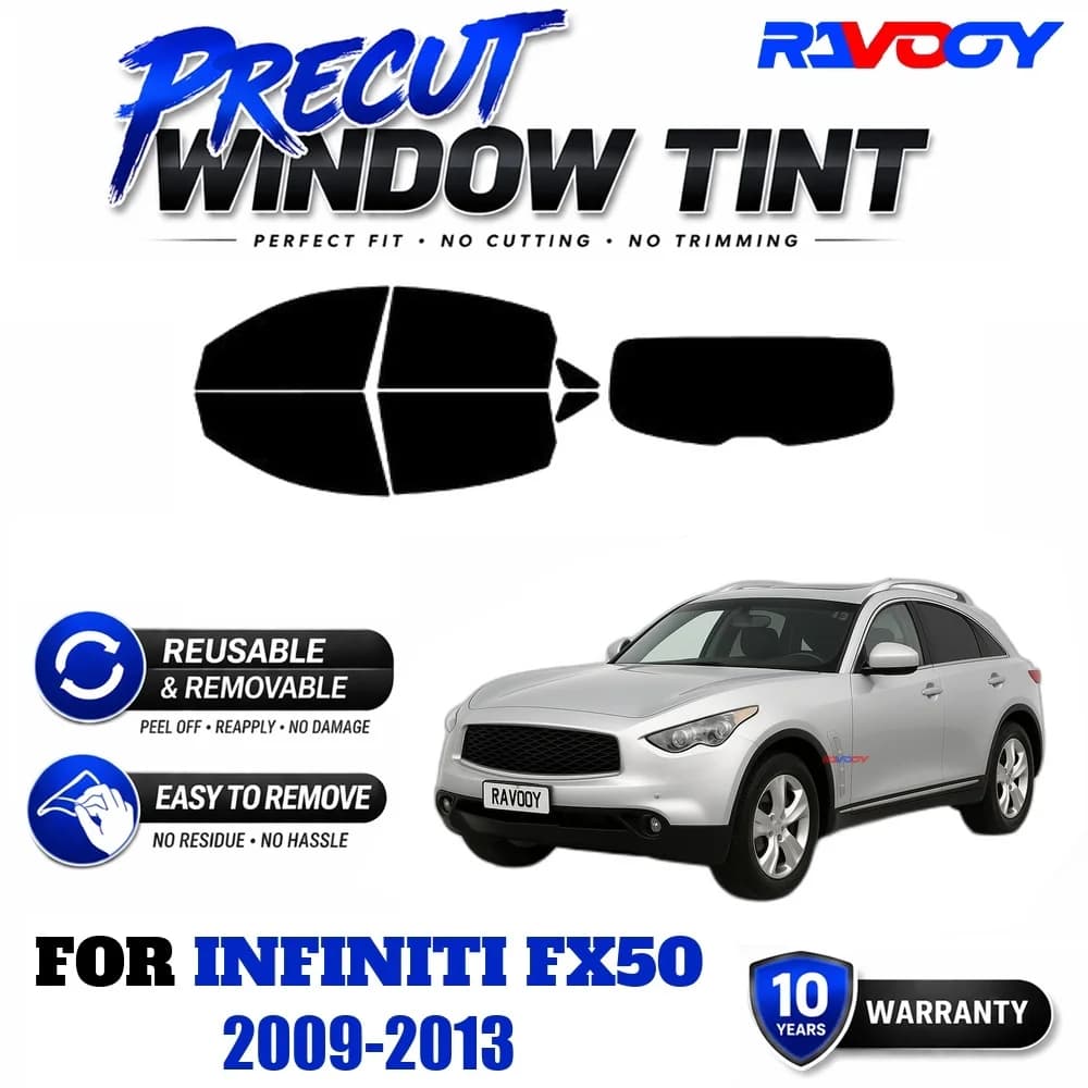 RAVOOY Precut Window Tint, Reusable Removable EPU Film, Custom Fit for Infiniti FX50 2009-2013, UV Heat Protection