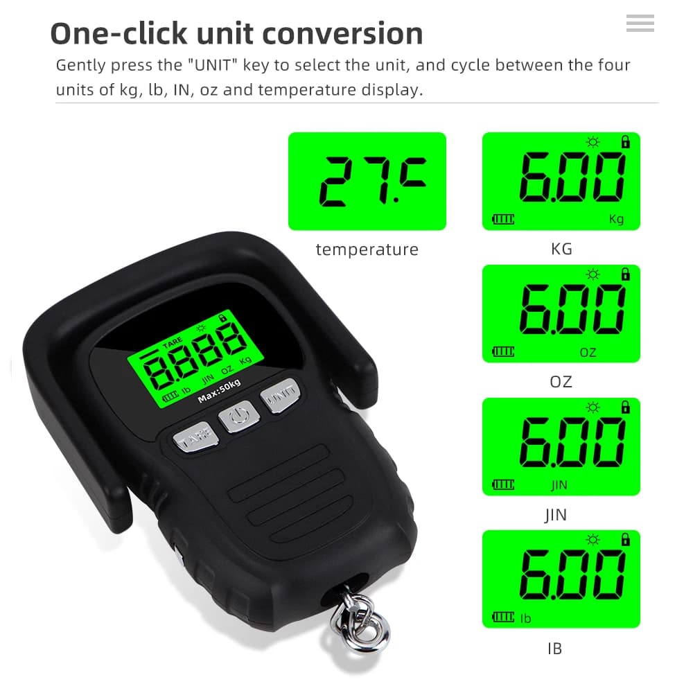 Bilancia sospesa da 50 kg con righello Amo da pesca portatile digitale Bilancia elettronica per bagagli con display a LED