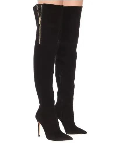 Donne calde Pelle scamosciata nera Decorazione con cerniera dorata Stivali sopra il ginocchio sottili Scarpe da corsa femminili con tacco alto e stivali lunghi