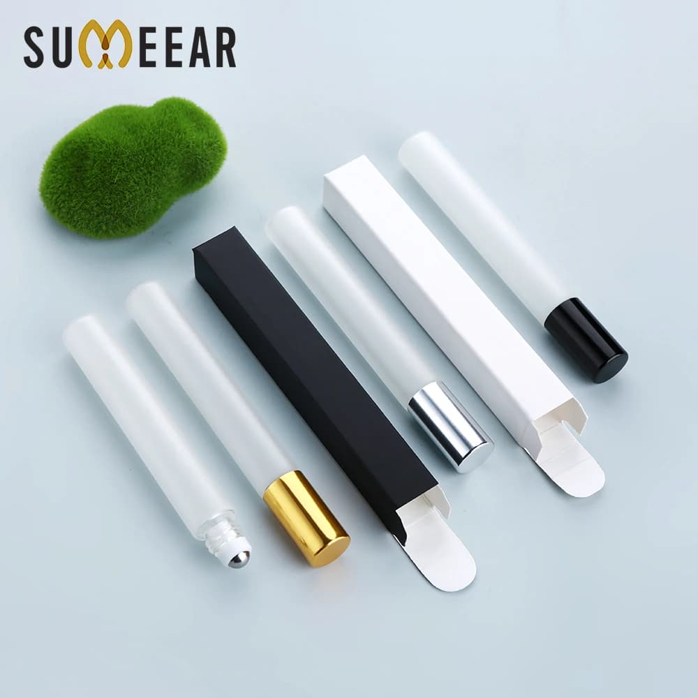 50/100 pieces 10 ml exquisite portable frosted glass roll on bottles with box, reusable, top part for essential oil perfume/decoration