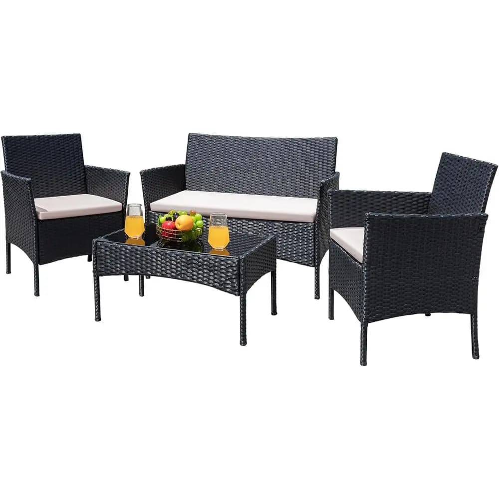 Set di Mobili da Giardino in Rattan a 4 Pezzi, Sedie e Divanetto con Cuscini per Esterni, Cortile, Balcone, Veranda e Bordo Piscina