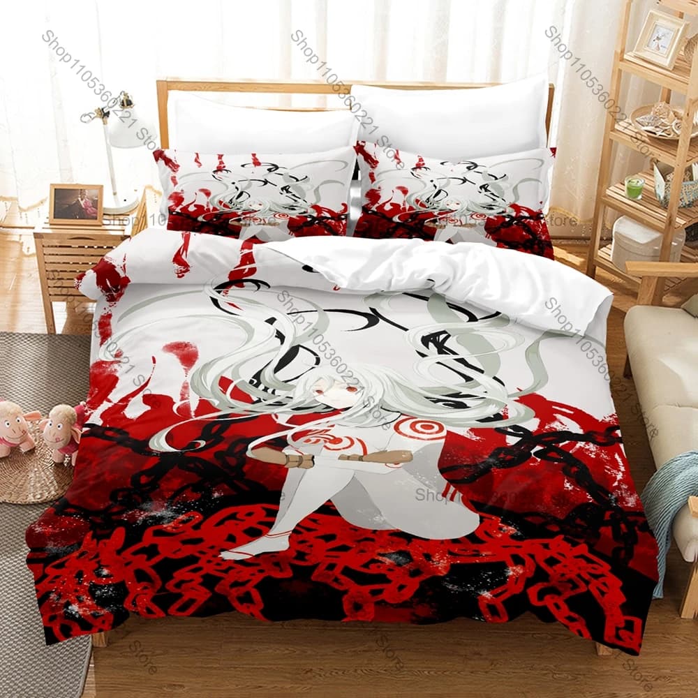 Cool Deadman Wonderland Bloody Prison Battle Dark Thriller Anime Bedding Set Duvet Cover + 2 Pillowcases Otaku Room Decor