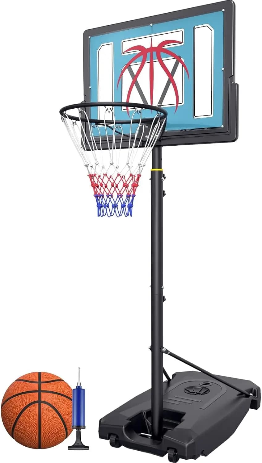 Canestro da Basket Regolabile 1,47-2,60m, Portatile con Ruote, Tabellone da 81 cm, Include Pallone e Reti
