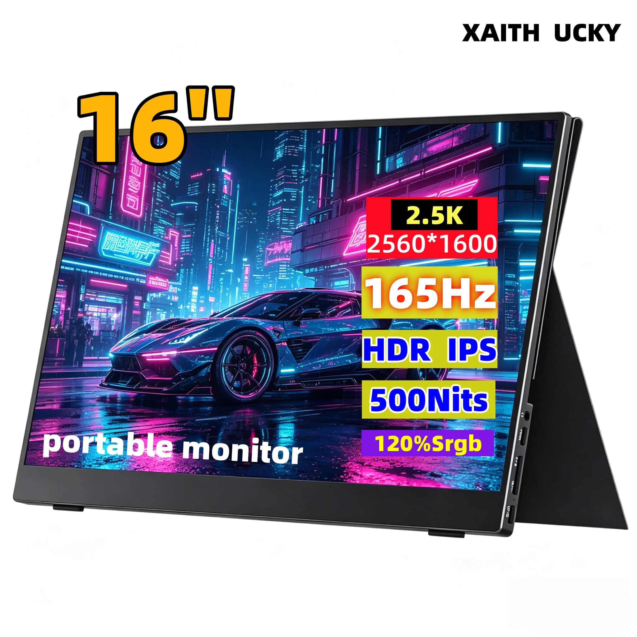 Monitor Portatile XAITH UCKY da 16 Pollici, 2K, 2560×1600, 500 Nits, 120% sRGB, 165Hz HDR, Display Esterno da Viaggio HDMI e USB-C per Laptop