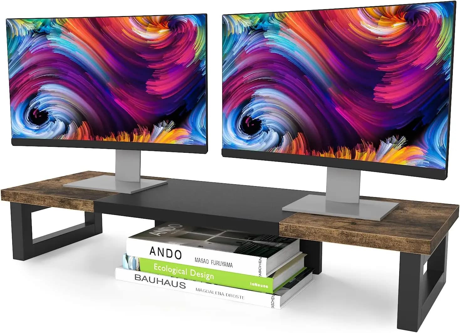 Supporto per Doppio Monitor, Organizzatore da Scrivania in Legno e Acciaio per 2 Monitor, Laptop, Stampante, Marrone Rustico