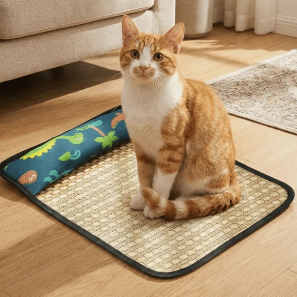Tappetino Rinfrescante per Animali Domestici in Rattan Intrecciato, Traspirante con Motivo Cartone Animato, Tappetino Antiscivolo per Gatti con Cuscino, Letto da Viaggio per Cani per Gabbia e Auto