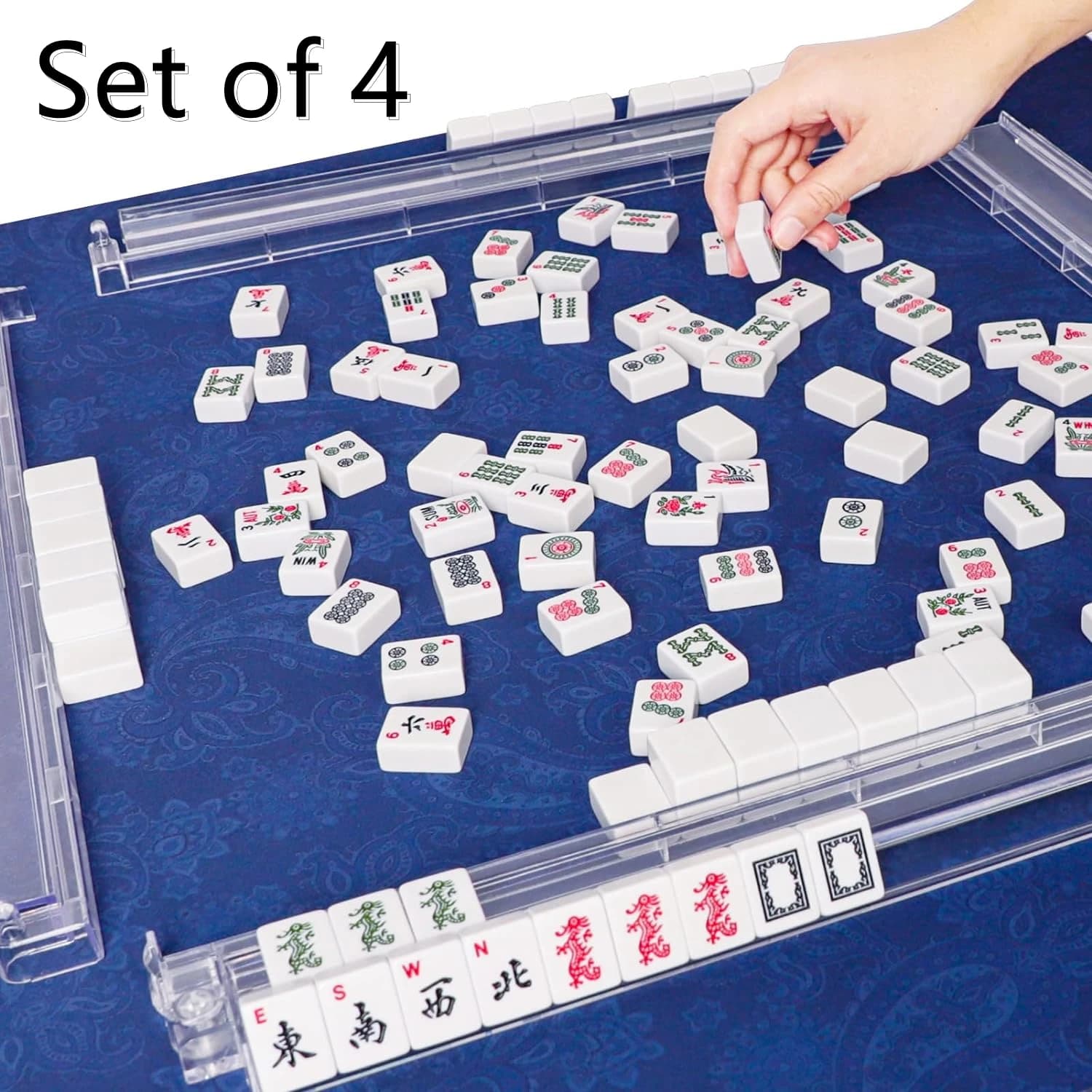 Set di 4 Rack e spingi per piastrelle All-in-One Mahjong americano acrilico trasparente Rack e Pusher Combo trasparente da 18 pollici