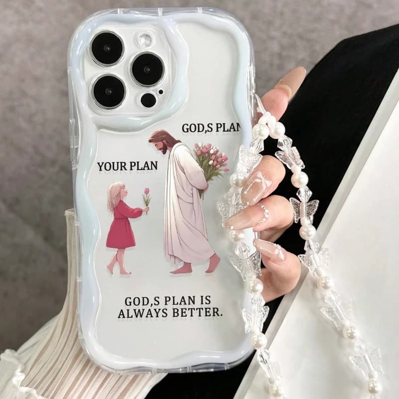 Girl God Pattern Clear Wavy-edge Phone Case For iPhone 17 Pro 16 15 14 Plus 13 12 11 Pro Max 16E 17E With Bead String Soft Cover