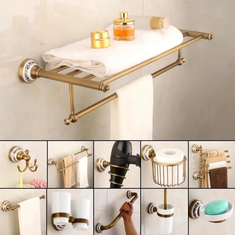 Hardware per il bagno in bronzo Mensola da bagno antica Portasciugamani Porta scopino per WC Mensola per asciugamani Barra per doccia Portasapone