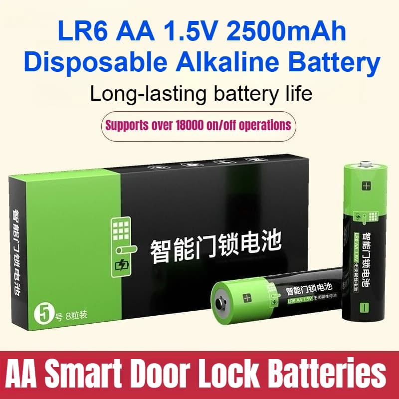 Batterie Alcaline LR6 AA 1.5V 2500mAh per Serrature Elettroniche e Impronte Digitali, Batterie Monouso Intelligenti
