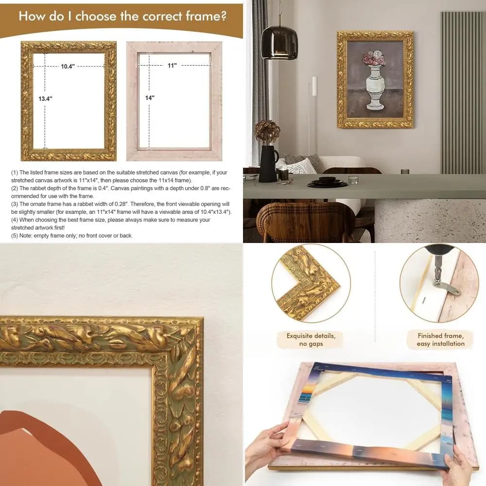 Cornice in oro antico 16x20 per dipinti ad olio su tela, decorazione da parete decorata (vuoto, senza pannello)
