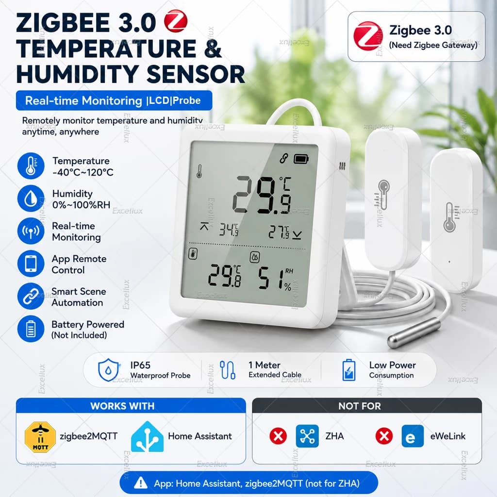 Zigbee Temperature Humidity Sensor with External Probe LCD Screen Thermometer for Fish Tank Freezer,For Home Assistant Z2MQTT