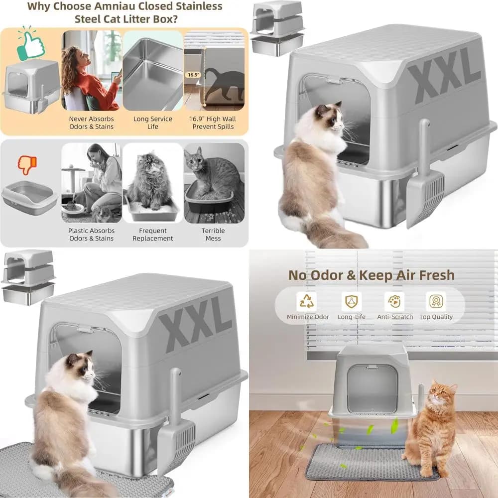 Lettiera per Gatti Extra Large in Acciaio Inossidabile con Coperchio, Adatta a Tutte le Taglie di Gatti, Facile da Pulire, Anti-Perdita, Antiaderente, Multifunzionale