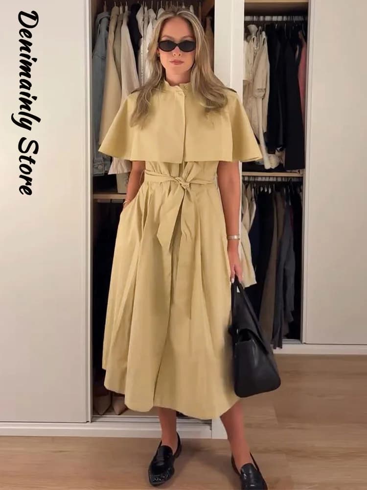 Women's Cape Shirt Belt Midi Dress Modest Stand Collar Sleeveless Lace Up Waist Cinching Pockets Dresses 2026 Autumn Lady Robes