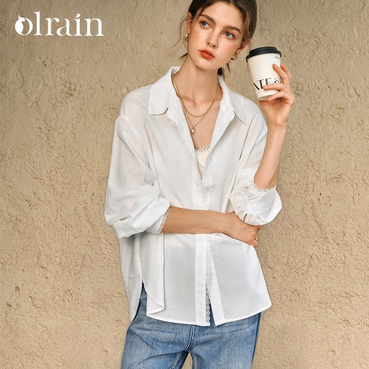 OLrain Women French Style Oversize White Shirt Lace Patchwork Button Up Long Sleeve Blouse Tops for Woman Clothing N57CC95662