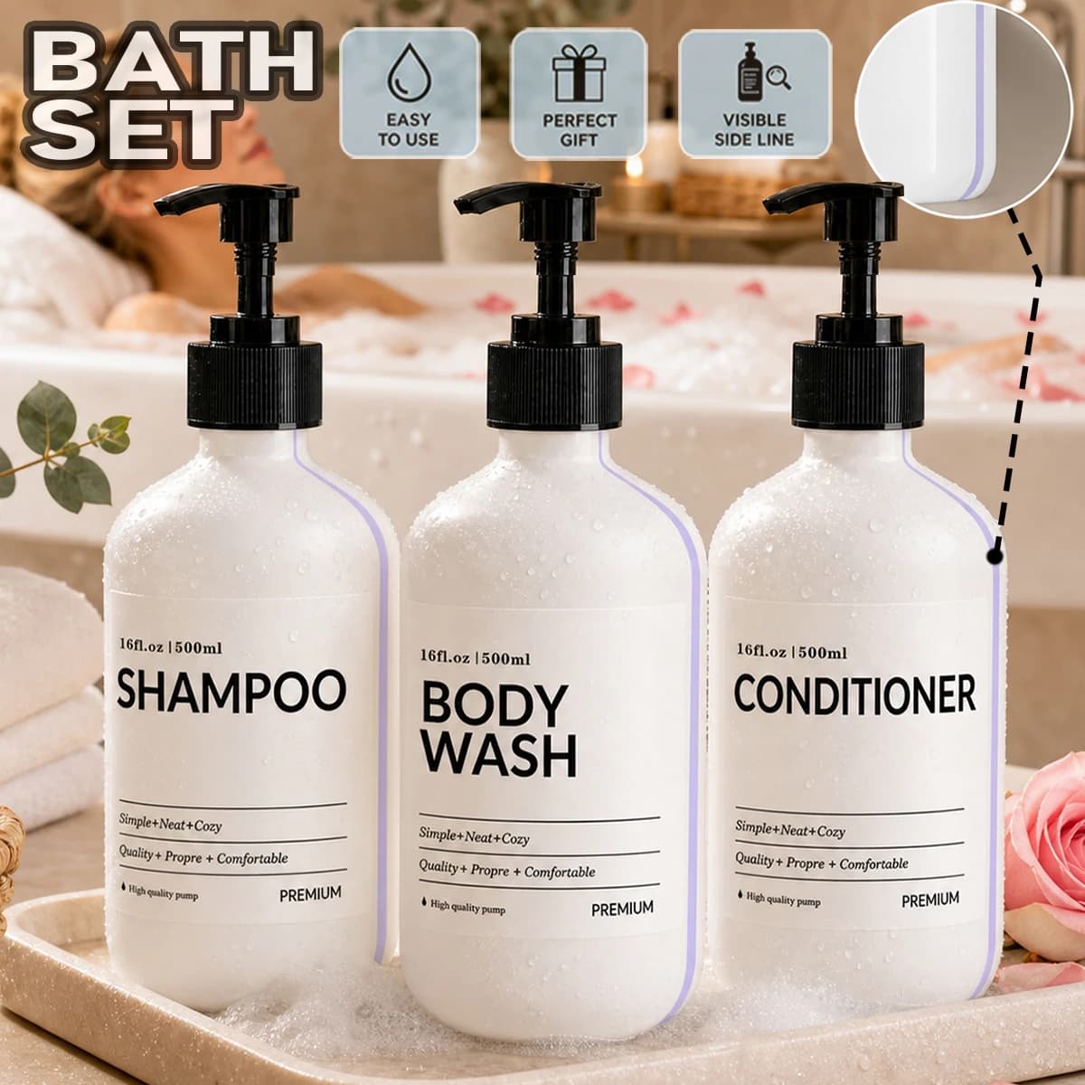 Visible Window Bathroom Soap Dispenser Set - Reusable Shampoo, Bodywash and Conditioner Bottles with Waterproof label, Easy to R
