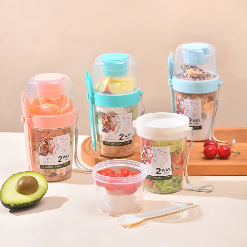 Set di contenitori per tazze da insalata per yogurt, noci, farina d'avena, a doppio strato, portatile, con forchetta, scatola per il pranzo scolastica, scatola per la conservazione degli alimenti