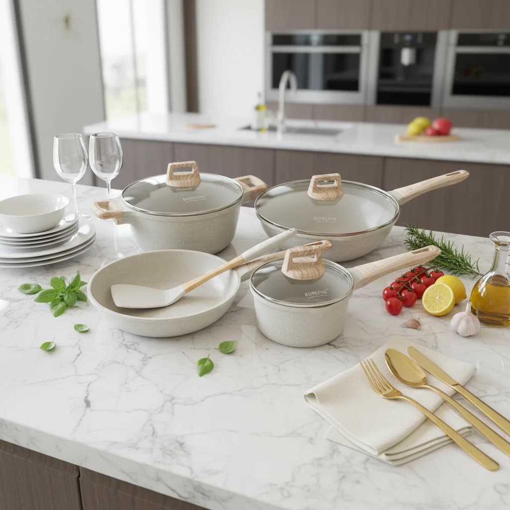 Set di Pentole Moderne Beige Antiaderenti in Alluminio con Coperchio in Vetro, Padella e Casseruola, Ecologico e Salutare, 8 Pezzi