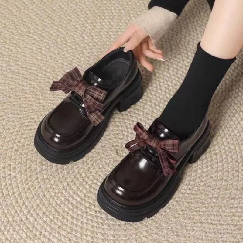 Retro British Style Thick-soled Petite Height-increasing Genuine Leather Women's Shoes2026Spring New Style Bow Versatile Loafers