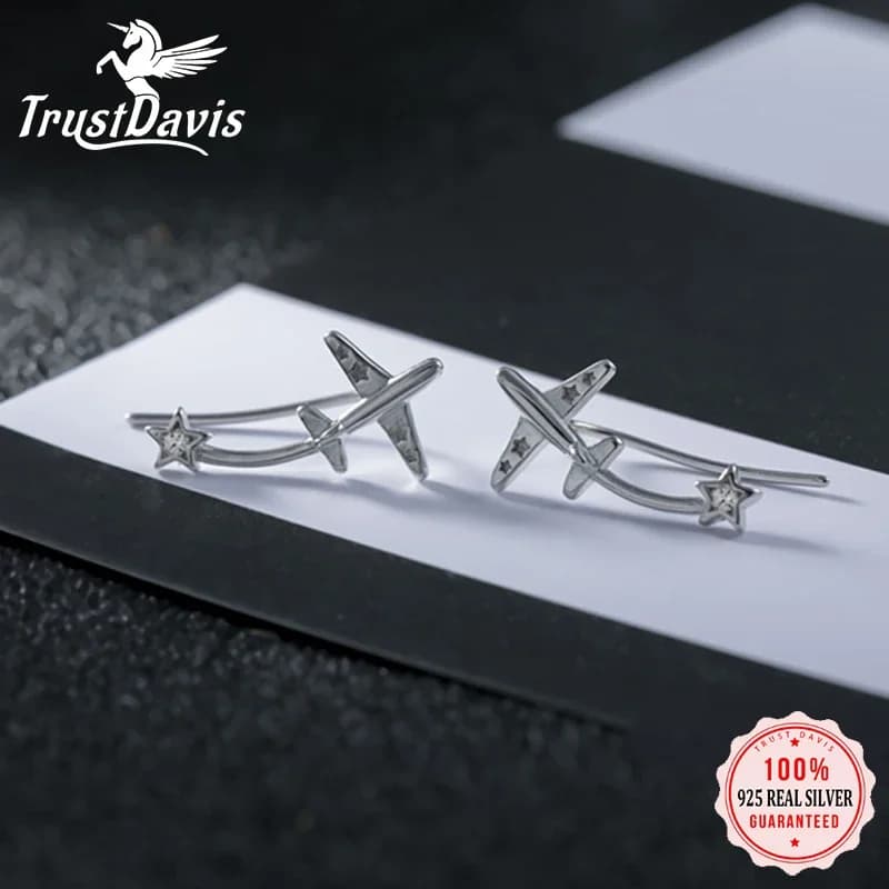 TrustDavis Real 925 Sterling Silver Fashion Plane Star Ear Hook Charm orecchini per le donne gioielli minimalisti da sposa H072