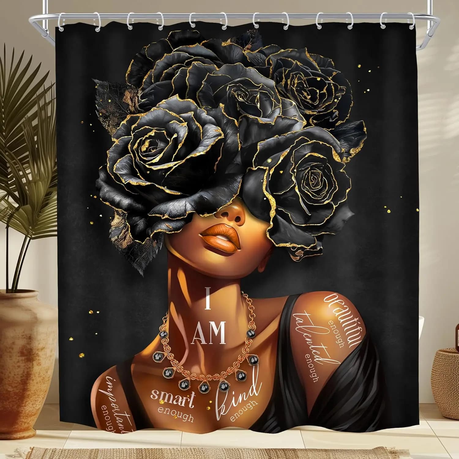 Tenda da doccia afroamericana, ragazza afro nera con citazioni ispiratrici, fiori floreali alla moda, poliestere impermeabile