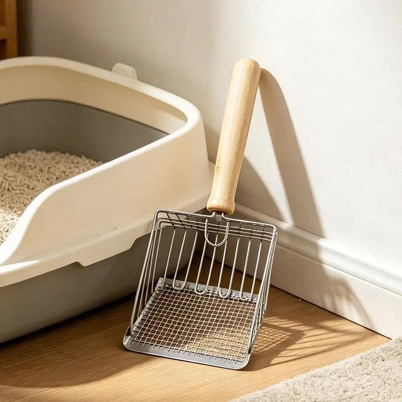 @*Stainless Steel Cat Litter Scoop Smooth Edge Wooden Handle Durable Fast Sifting No Scratch for Cat Litter Box Home Use