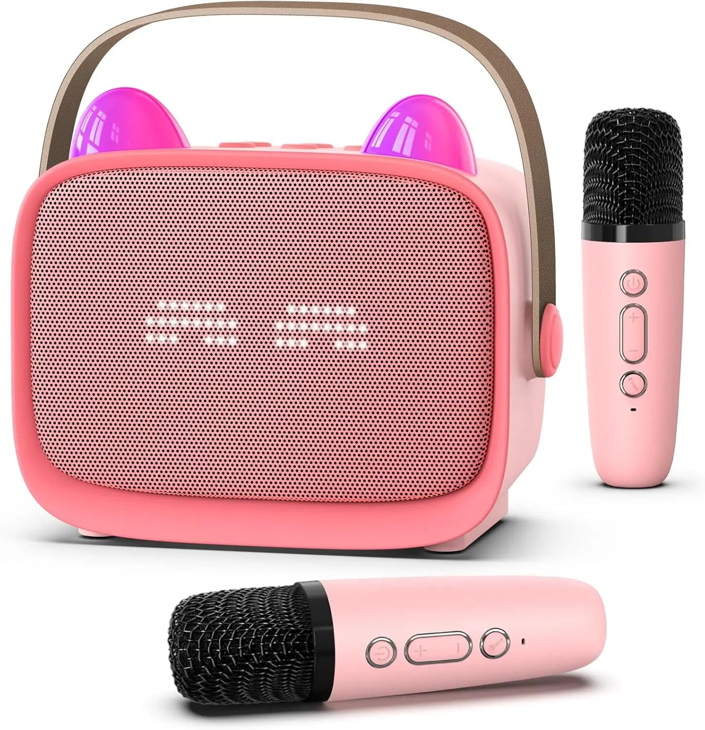 Mini Karaoke Machine Updated for Children, Bluetooth Speaker Portable with Wireless Microphones, LED Lights, Travel and Party Gift (Rosa)