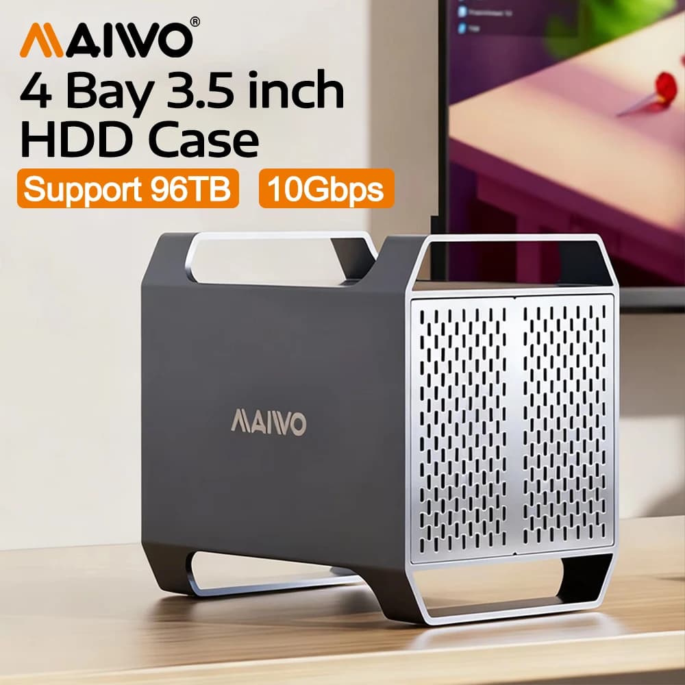 Custodia per disco rigido MAIWO a 4 alloggiamenti con velocità USB-C 10 Gbps in alluminio per scatola per unità SATA esterna HDD/SSD da 3,5" con HDMI UASPe