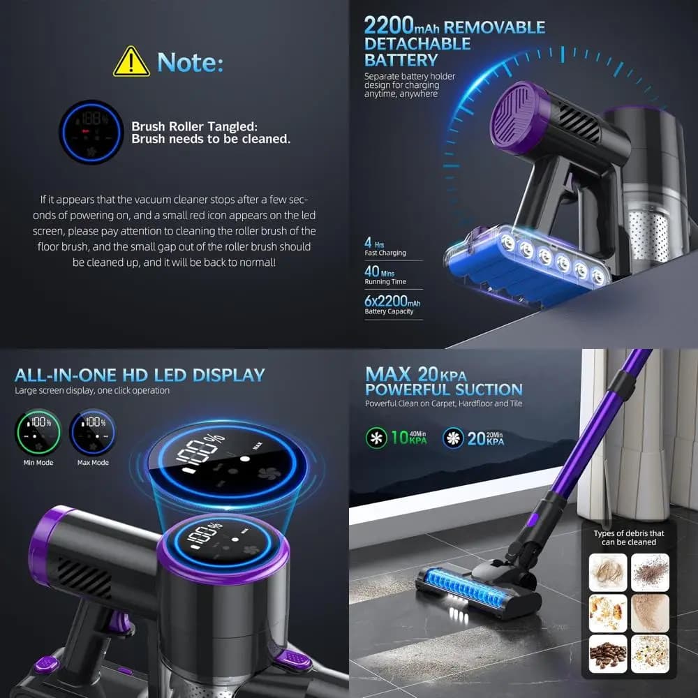 Aspirapolvere con display LED, 6-in-1 leggero e ricaricabile, batteria da 40 minuti per pavimenti duri e tappeti