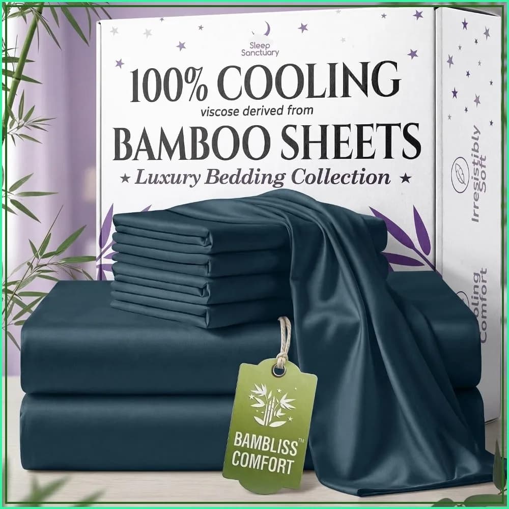 Cooling Bamboo Sheets Queen 6pcs - Ultra Soft, Deep Pocket, Durable Bed Set (Navy Blue)