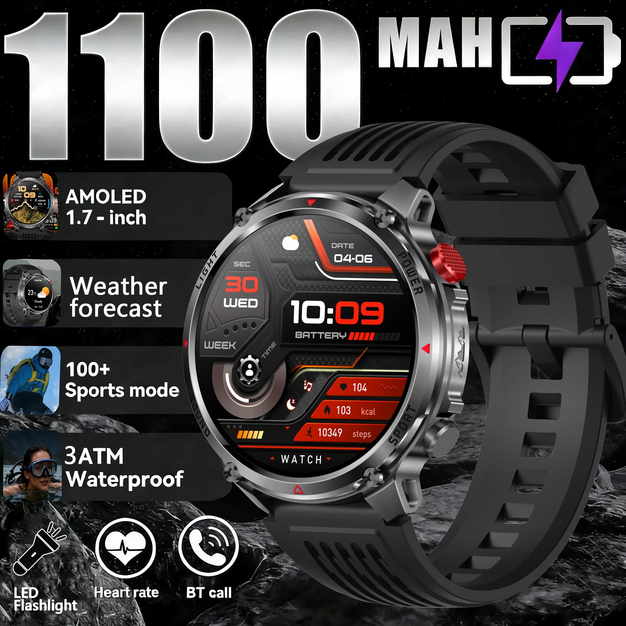 T-REX 3 Man Military Smartwatch, 1100mAh Ultra Resistant Battery, 3ATM Waterproof, HD Calls, 100+ Sports Mode, LED Flashlight