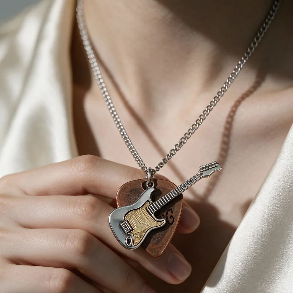 Hip Hop Punk Guitar Pick Pendant Necklace Stainless Steel Long Sweater Chain Rock Jewelry
