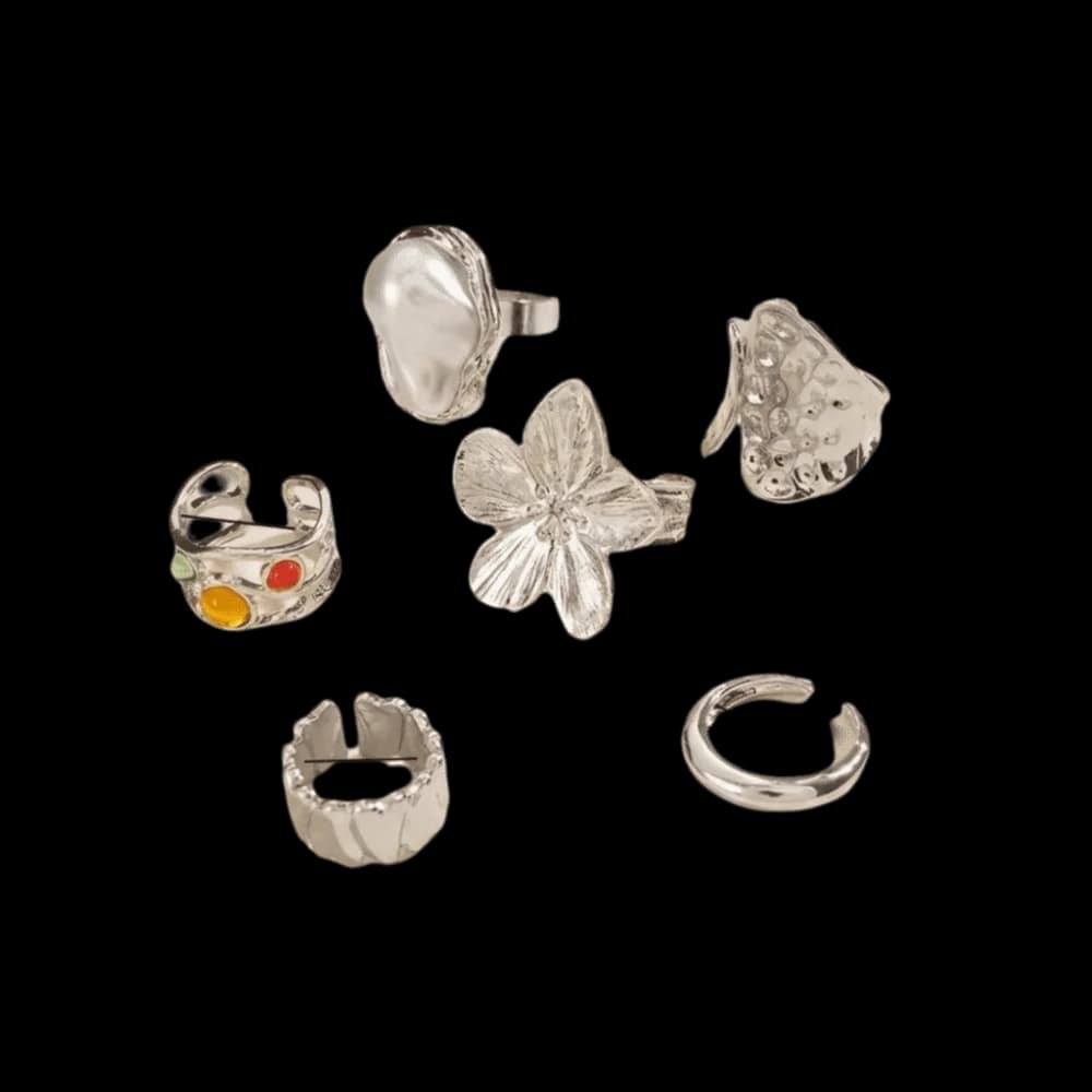 6/8/12 pcs/set Alloy Open Ring Sets Gold Sliver Irregular Design Imitation Pearl Ring Exaggerated Metal Colorful Gemstone