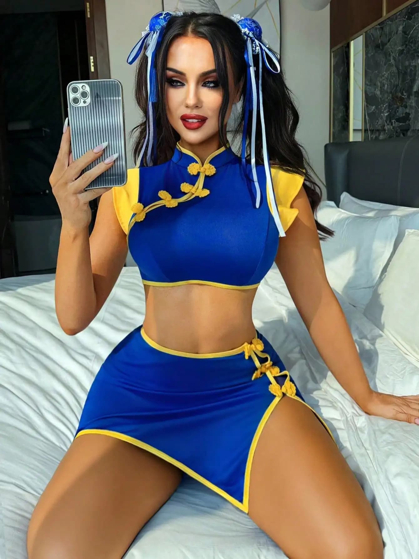 Set 2 Pieces Top Short Blue and Yellow Contrast and Miniskirt with Split with Connect to Korean