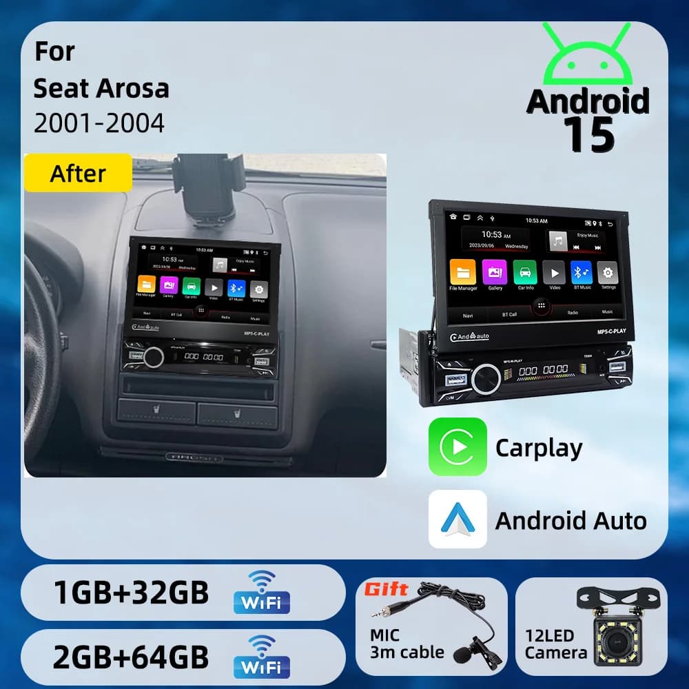 1 Din 7" Telescopic Screen Car Stereo Android for Seat Arosa 2001-2004 CarPlay GPS Multimedia Radio HeadUnit Autoradio