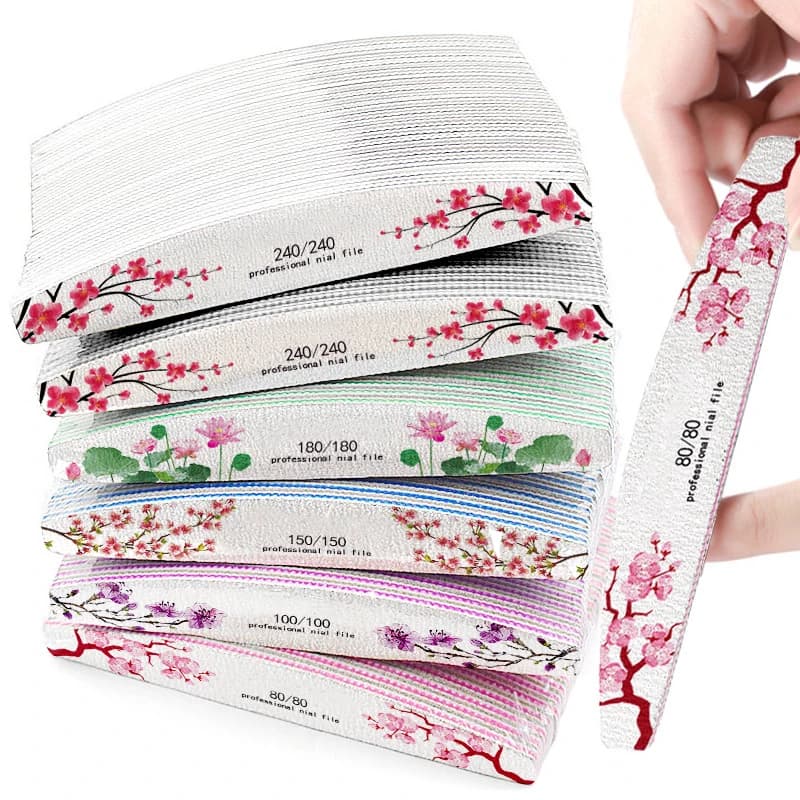 50 pezzi 80-240 grana mezzaluna lima per unghie stampa floreale lime per manicure lavabili buffer strumenti professionali per pedicure smalto gel