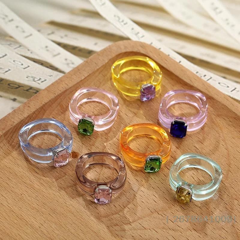 ⚑Candy Colored Transparent Resin Chunky Rings With Shiny Square Rhinestone Inlay For Daily Wear Party Dating