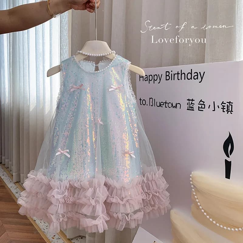 Sparkly Butterfly Fairy Sequin Sweet Style Tank Top Tutu Dress Children Summer Holiday Party Daily Casual Elegant Princess Skirt