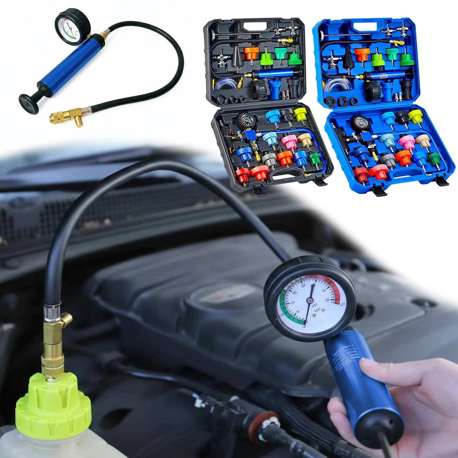 Kit Tester Pressione Liquido Refrigerante da 31 Pezzi con 23 Adattatori per Radiatore, Pompa Vuoto e Termometro a Sonda per Auto, Moto, Camion