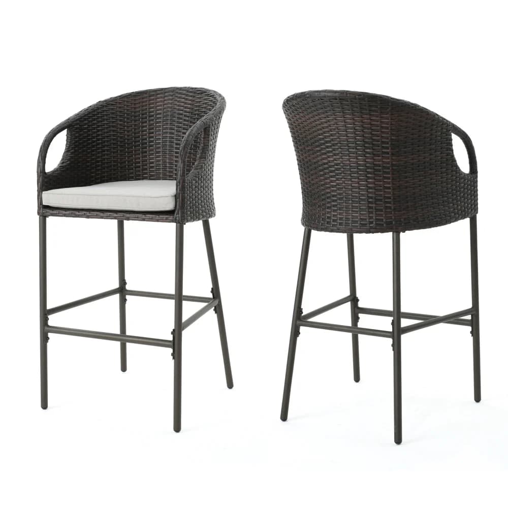Set of 2 Bar Stools in Rattan PE Multicolor Brown 31 Inch, Outdoor Bar Chairs Waterproof with Garden and Courtyard cushions