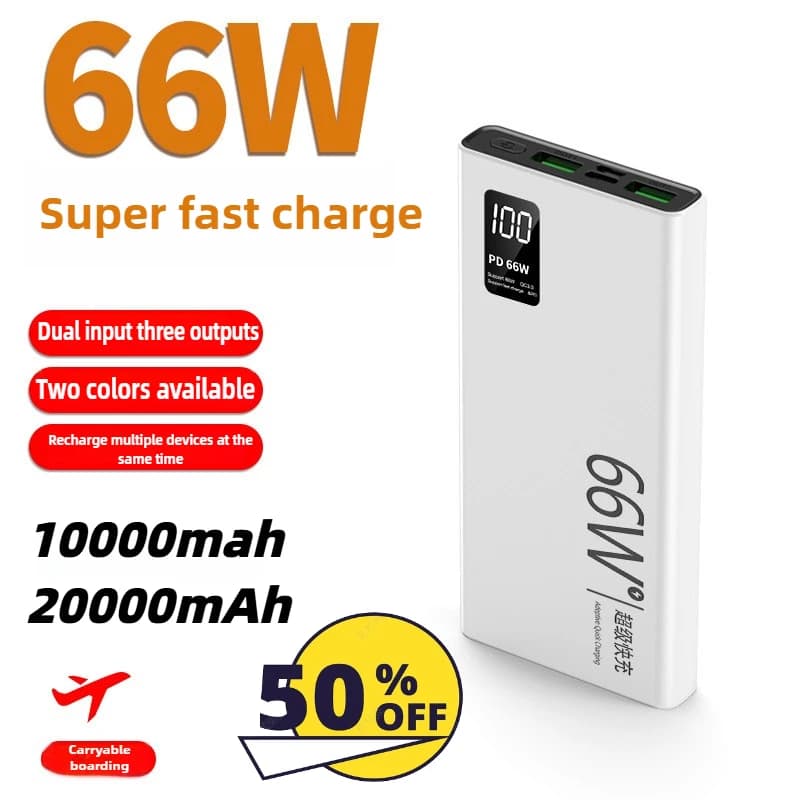 Batteria portatile ultrasottile con display digitale a LED da 20000 mAh 66 W a ricarica rapida adatta per iPhone Huawei Xiaomi