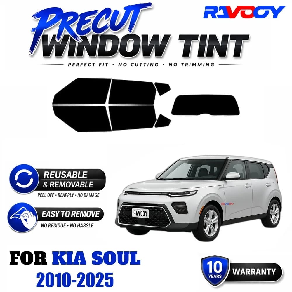 RAVOOY Precut Window Tint, Reusable Removable EPU Film, Custom Fit for Kia Soul 2010-2025, UV Heat Protection