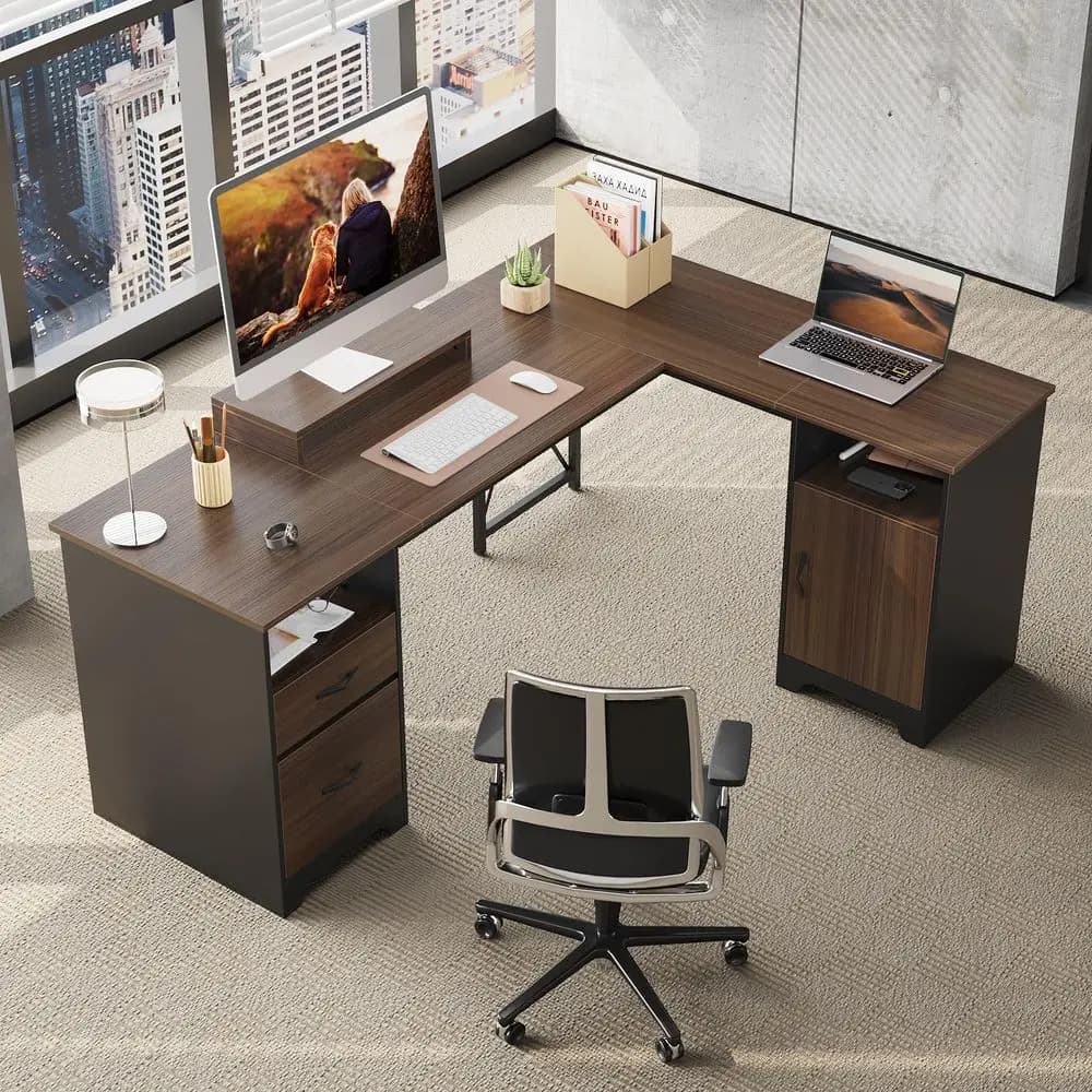 Scrivania a L con cassetti portadocumenti, scrivania per computer da ufficio 63 x 47 con armadietto contenitore, scrivania angolare con supporto per monitor e pannello divisorio